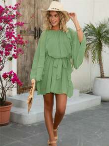 Elegancka damska szyfonowa, swobodna, wakacyjna, wielowarstwowa, luźna sukienka z falbankami, styl boho/boho, strój na wiosnę/lato - Zielony - Zobacz 3