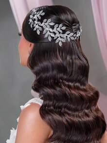 1pc Alloy Rhinestone Bridal Headband, Crystal Gem Wedding Hair Accessory With Organza Veil - Silver - View 5