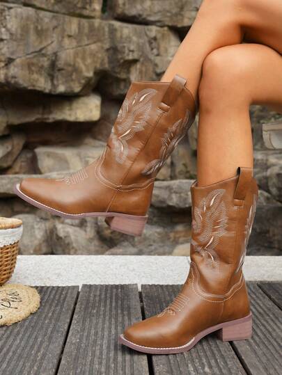1 Pair Vintage Embroidered Classic Brown Western Cowboy Boots, Slip-On Mid-Calf Square Toe High Heel Western Boots For Teens