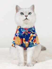 LUCKIE LABO 1pc Pineapple & Hibiscus Tropical Print Pet Shirt, Suit For Indoor/Outdoor Wear For Cats & Dogs - Multicolor - View 2