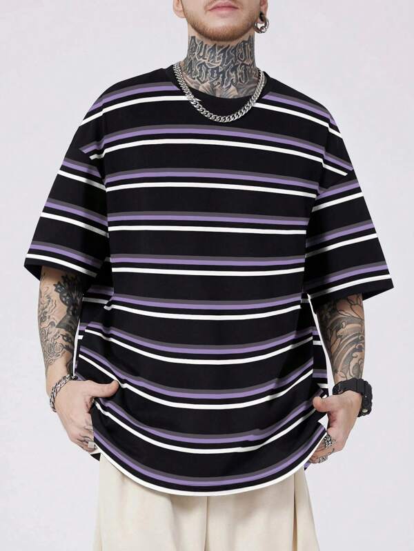 Plus Size Men's Casual Colorblock Striped T-Shirt, Summer