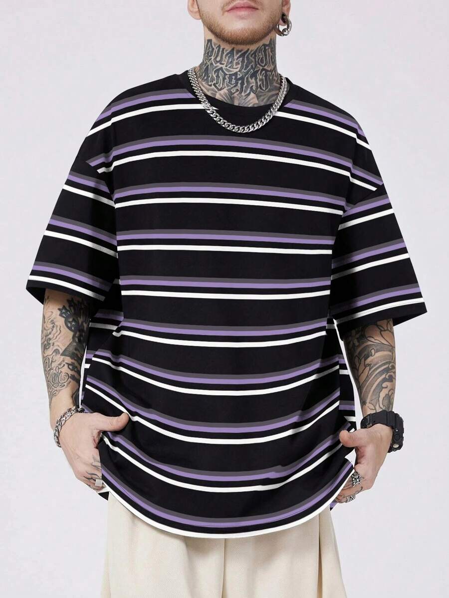 Plus Size Men's Casual Colorblock Striped T-Shirt, Summer