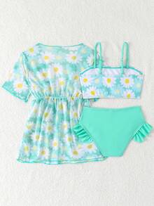 Young Girl Daisy Print Swimsuit Set, For Beach/Resort - Multicolor - View 3