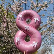 1 Pc 32 Inch Pearl Pink Number Foil Balloon & 5 Pcs White Bow Combination Set, Suitable For Wedding, Birthday, Anniversary, Graduation, Summer Party Decoration