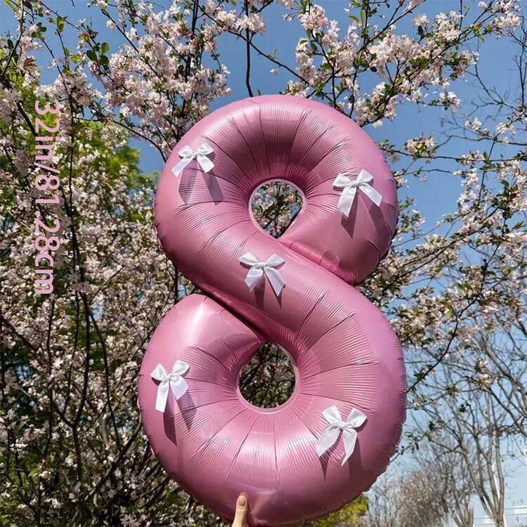 32インチ真珠ピンク数字フォイルバルーン1個と白リボン5個セット、結婚式、誕生日、記念日、卒業、バレンタインデー、クリスマスパーティーの装飾に適しています - ピンク - 見る 4