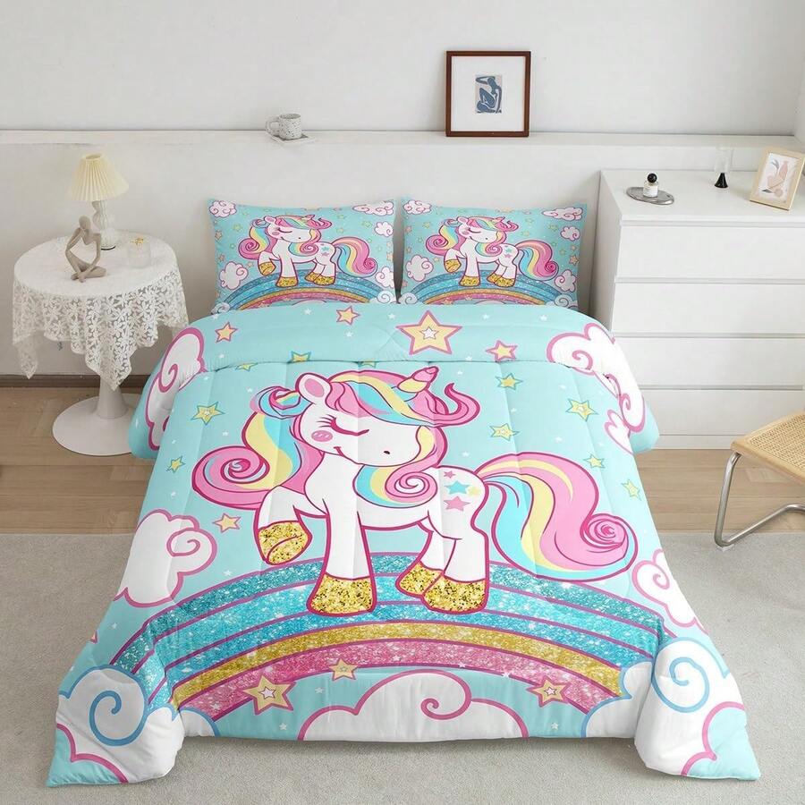 Unicorn Bedding Queen,Star Print Rainbow Kids Comforter Sets For Girls Comforter Set,Cute Unicorn Duvet Quilt,Cute Animal Bedding Rainbow Bedroom Decor,Blue - 黃色 - 查看 1