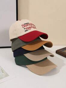 1 buah Topi Baseball Pria Model Colorblock Bordir Huruf, Model Soft Crown Kasual Vintage, Cocok untuk Perjalanan Sehari-hari dan Aktivitas Luar Ruangan - A - View 3