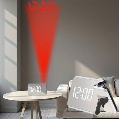 大屏幕投影时钟，带数字时间和日期显示，USB/电池供电，可调亮度，闹钟，贪睡和温度读数，适合家庭或办公室床边，简约矩形设计，多功能