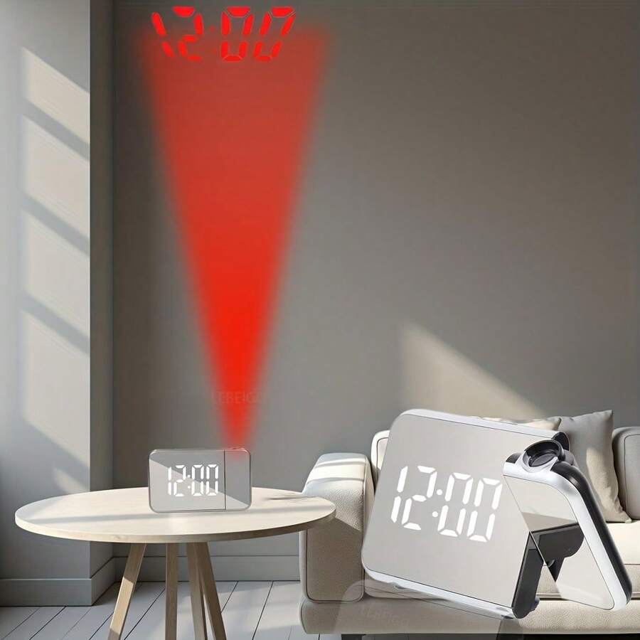 大屏幕投影时钟，带数字时间和日期显示，USB/电池供电，可调亮度，闹钟，贪睡和温度读数，适合家庭或办公室床边，简约矩形设计，多功能 - 彩色 - 查看 1