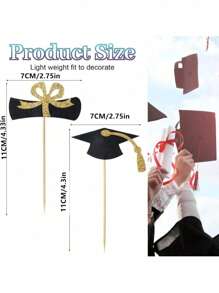 20 Pcs Graduation Cupcake Toppers Glitter Graduation Cap Cupcake Toppers Gold Congrats Grad Centerpiece Sticks Black For Graduation Party Decorations