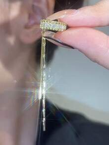 1 Pair Rhinestone Decorated Long Tassel Ear Cuff Earrings, Simple & Fashionable Ear Clip-On Style For Women - Yellow Gold - View 3