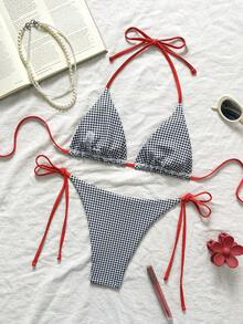 2pcs/Set 2025 New Women Blue & White Plaid Print Bikini Swimsuit - Black and White - View 2