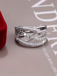 1pc Elegant Exquisite Sparkling Criss-Cross Design Cubic Zirconia Wide Band Ring, Gift For Women On Valentine's Day, Anniversary, Suitable For Wedding, Engagement, Casual Wear, Birthday Party