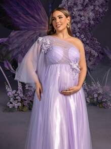 Faeriesty Abito da cerimonia elegante e premaman con maniche lunghe e scollo a V, polsini con bordo a foglia di loto e orlo a sirena lungo fino a terra - Abito premaman in pizzo floreale per matrimoni, servizi fotografici e occasioni speciali in primavera/estate