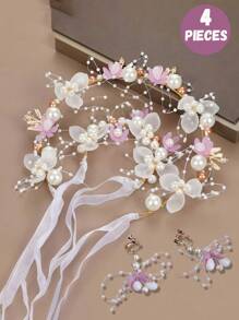 4 peças/2 peças/1 peça Conjunto de Tiara de Pérola de Liga Elegante para Meninas, Conjunto de 2 Peças de Tiara de Pérola e Pulseira de Pérola para Dama de Honra, Conjunto de Vestido de Flor de Fada para Meninas, Adequado para Apresentações, Festas, Fotografia e Danças, Tornando-o um presente ideal para meninas