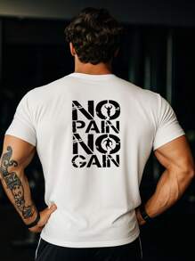 Maglietta da palestra da uomo - "NO PAIN NO GAIN" Stampa in grassetto colore bianco per appassionati di fitness, Maglietta fitness da uomo "NO PAIN NO GAIN"