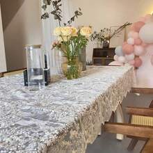 1 块涤纶桌布，优雅白色蕾丝，花卉图案，机器制造，纯色圆形、矩形，100% 涤纶编织，适用于婚礼、生日、感恩节、7 月 4 日、新年、茶几、家居装饰、夏威夷主题