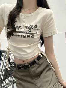 Summer Korean Style Fitted Letter Print Drawstring Button Design Short Sleeve T-Shirt