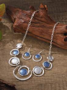 1pc Necklace 1 Pair Earrings Fashion Concentric Circle Jewelry Set, Bohemian Retro Unique Elegant Minimalist Blue Enamel Zinc Alloy, Suitable For Women Daily Wear, Party, Beach Holiday, Ideal Gift