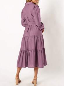 Women's Dresses Long Sleeve Dresses Casual V Neck Tie Button Down Flutter Tie Waist Shirt Dresses - Màu tím - Xem 2