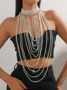 1 pezzo Collana lunga di perle di stile francese, lussuosa e sexy, Collana multi-strato a forma di V per il collo e la clavicola, collana da indossare con il maglione