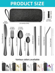 便携式旅行餐具，可重复使用的银器，配有固定餐具盒，包括筷子、吸管、刀、叉、勺子、吸管刷，9 件不锈钢餐具套装，黑色、金色、银色露营野餐餐具套装，学校用品 - - - 查看 3