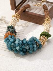 1pc Bohemian Style Handmade Beaded Crackle Crystal Exaggerated Necklace, Suitable For Women's Party, Evening, Vacation And Daily Outfit, Gift For Mom & Friends