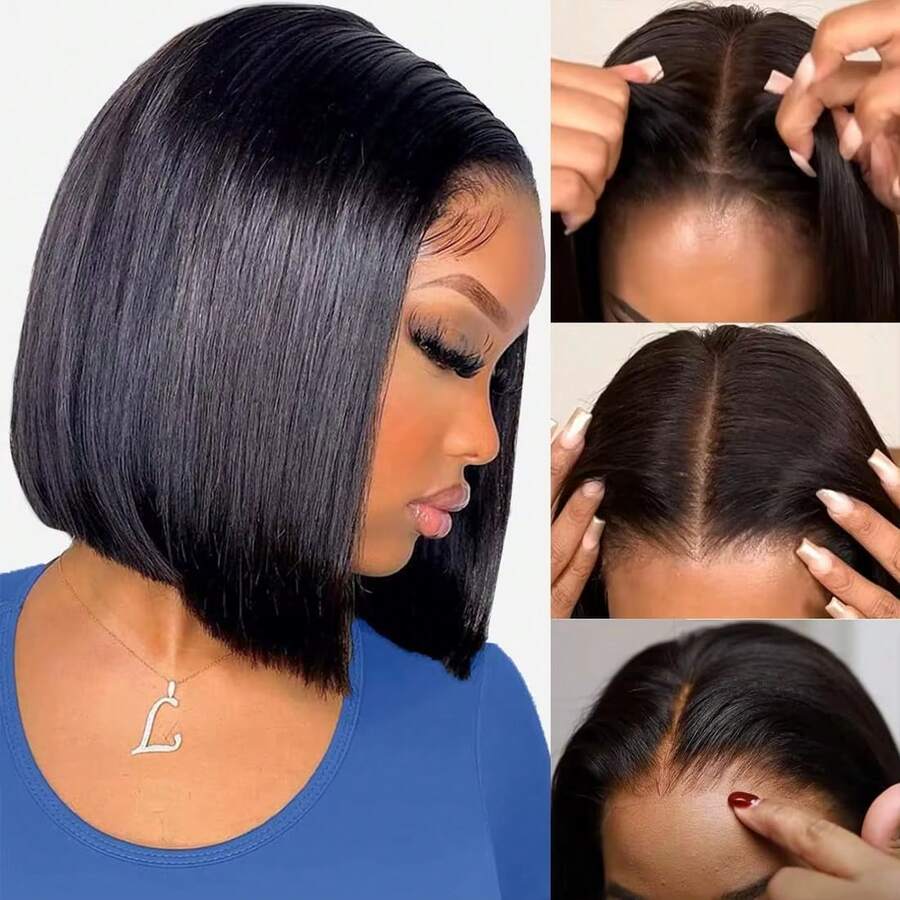 200% Density Brazilian Straight Bob Wig Pre Cut No Glue 13x4 Bone Straight Glueless Wig Human Hair Ready To Wear Brazilian Lace Front Closure Wigs For Women Preplucked - Natural Black - 查看 1