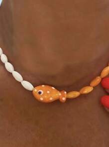 Collar de estilo bohemio con cuentas pintadas a mano con diseño de estrella de mar, cadena de la clavícula de pez payaso de cerámica naranja con lunares