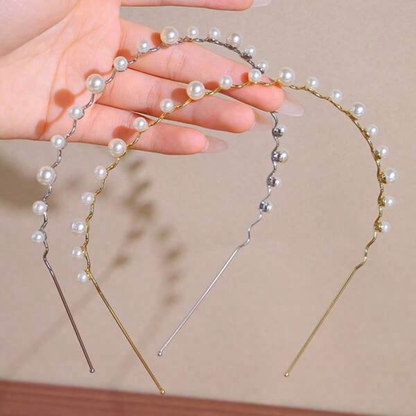 2pcs Elegant Pearl Wave Hairband, Work Commuting, Holidays, Weddings, Daily Wear, Hairband Headband For Women ,Hair Accessories, Diadema, Hair Hoop