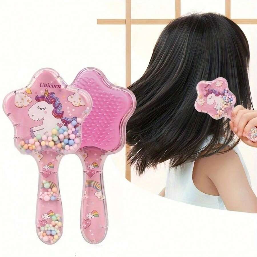 Peine de masaje con líquido de arena movediza y diseño de dibujos animados para niños, cómodo y sin estática para niñas, con diseño de cojín de aire, cuentas y lentejuelas transparentes y coloridas, mango de plástico ABS duradero - Multicolor - Ver 1