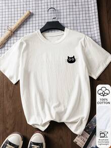 猫咪图案印花夏季女式100%纯棉短袖白色上衣，图案T恤，纯棉T恤，中国新年，农历新年，马年，春节，新年快乐，情人节，情人节礼物，送给她的情人节礼物