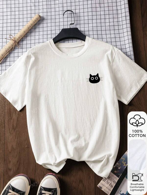 Cat Pattern Print Summer Women's 100% Cotton Short Sleeves, White Tops, Graphic T-Shirts, Cotton T-Shirts