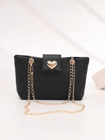 Fashionable Embossed Heart Shaped Metal Chain Women's Shoulder Crossbody Bag