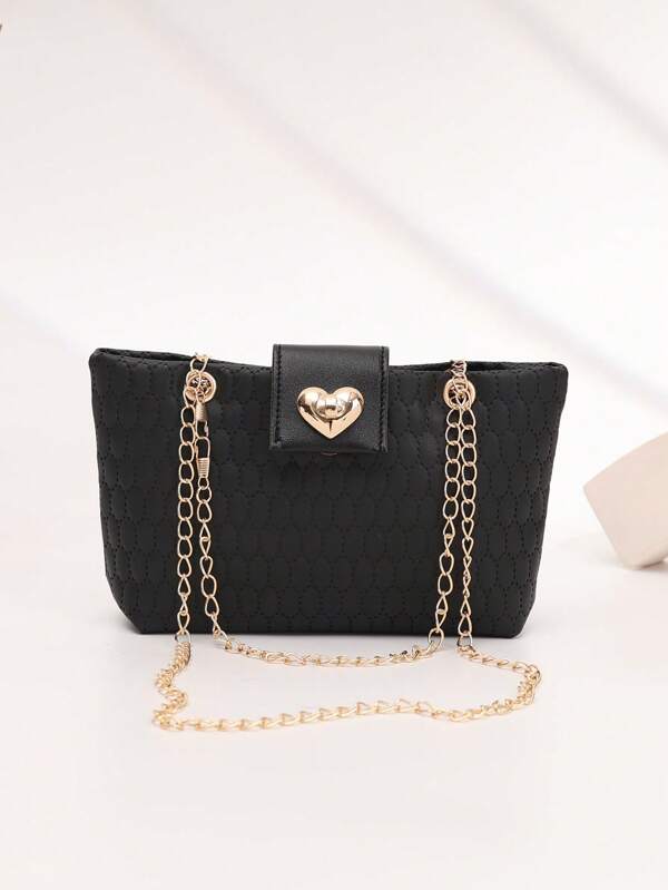 Bolso de hombro/cruzado de mujer con cadena de metal con relieve en forma de corazón de moda