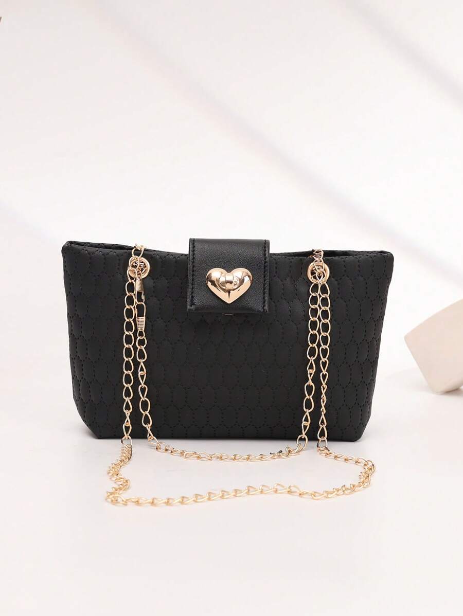 Bolso de hombro/cruzado de mujer con cadena de metal con relieve en forma de corazón de moda