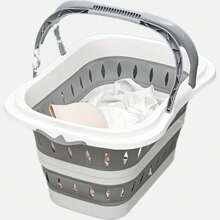 Collapsible Plastic Laundry Hamper With Handles - Portable Folding Clothes Basket For Bedroom, Bathroom & Multi-Room Use, White & Gray Rectangular Design With Ventilation Holes, Laundry Basket, Laundry Baskets Folding Dirty Clothes Basket, Household Wall Mount Clothes Storage Basket, Bathroom Laundry Basket, Plastic Large Laundry Basket, Home Organization And Storage Supplies For Bathroom Bedroom Living Room Dorm