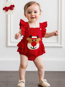 Baby Girl Christmas Outfit, Fly Sleeve Embroidery Elk Romper Overalls With Hairband For Casual Daily