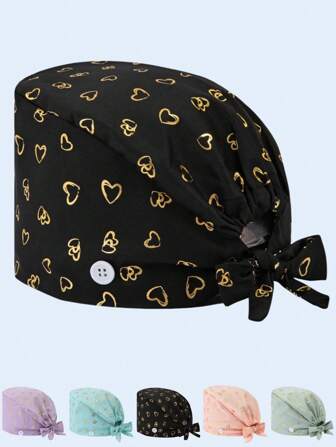 1 件女式可调节金箔心形图案护士帽/手术帽，均码，吸汗，松紧带，适用于美容院、兽医诊所、医生、护士和清洁工人