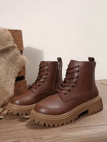 Botas con cremallera lateral en marrón, botas cortas de motocicleta con cordones y estampado de lichis, diseño elegante y de moda, tacón grueso, botines para mujer, para otoño/invierno - Marrón - Ver 9