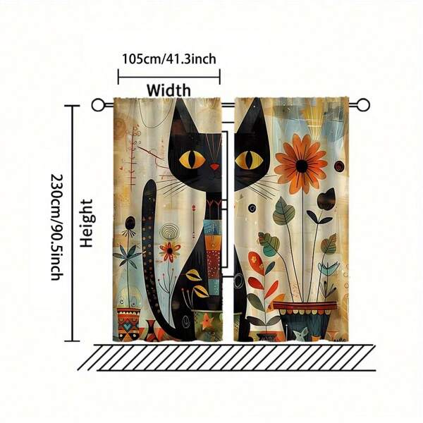 2pcs Contemporary Cartoon Cat & Flower Design Curtains, Polyester Knit Door Curtains, No-Pole, Machine Washable, For Living Room, Bedroom, Office, Vacation Home Decor