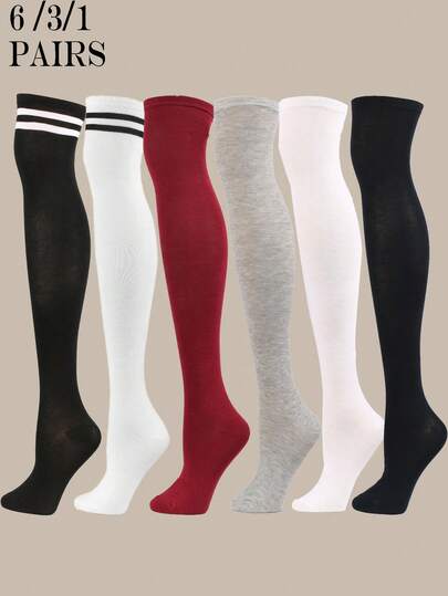 6 Pairs Women Stripe & Solid Color Over The Knee Stockings, Sexy College Style, Comfortable Casual Daily Wear, Suitable For Students, Performance, JK, Y2k, Cozy Socks