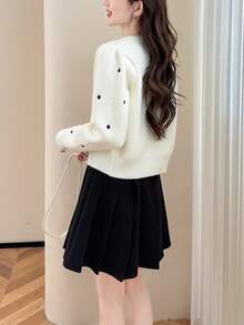 Alicedudu Women's Cute Minimalist Polka Dot Design Round Neck Cardigan Sweater, Autumn/Winter