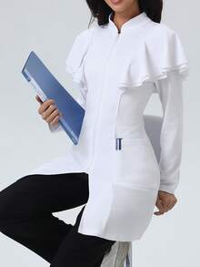 Double Pocket Open Front Long Sleeve Lab Coat, Nursing Scrub Uniform Jacket With Frill Edge, /Dental/Clinic/Salon/Psychologist Scrub Uniform Outerwear
