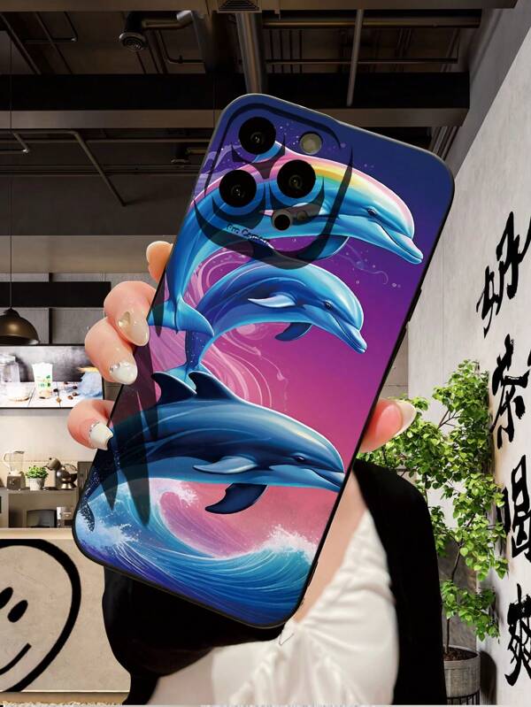 1 Peça Capa de Telefone à Prova de Choque com Padrão de Golfinho Saltando Preto, Design Minimalista Compatível com Séries Apple/OPPO/Vivo/Redmi