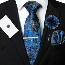 Juego de 5 piezas, corbata clásica de hombre con estampado de cachemira, corbata de tela de 1200 agujas con flor de anacardo, pañuelo de bolsillo, gemelos, clip de corbata y alfiler de solapa, adecuado para hombre en trabajo, negocios, formal, boda, casual y graduación