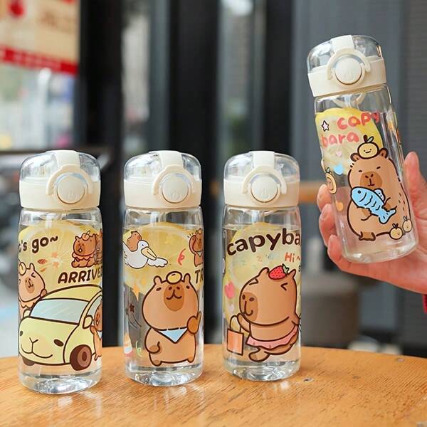 1 Stück Sommer Strohhalmbecher süße Wasserflasche aus Plastik mit Capybara-Motiv, 400 ml - auslaufsicher mit Strohhalm, runde Form, perfekt für Urlaub & Alltag, festliches Design für Weihnachten, Erntedank, Halloween und mehr, Feiertagswasserflasche | verspieltes Design | auslaufsicher