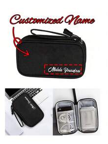 1 szt. Torba do przechowywania z niestandardowym imieniem, wodoodporna torba podróżna do przechowywania, przenośna torba podróżna na twardy dysk USB, kabel do przechowywania danych słuchawek, wielofunkcyjna torba do przechowywania akcesoriów elektronicznych, codzienne użytkowanie, szkoła, praca lub podróż, wodoodporna, łatwa do czyszczenia, piknik, wycieczka, podróż, prezent urodzinowy, najlepszy prezent dla kochanków, przyjaciół, niezbędny na sezon powrotu do szkoły - Czarne - Zobacz 1
