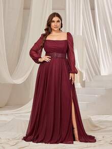 Elegantes A-Linien Partykleid mit Quadratausschnitt, Ballonärmeln und Gürtel für Damen in Große Größen, geeignet für Galas, Hochzeiten, Proms, rote Teppich Events und hochwertige Bankette - Bordeaux - Übersicht 4