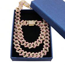 Conjunto de 2 peças de corrente cubana brilhante para homens, colar e pulseira de luxo, estilo hip hop, com brilho, para mulheres e homens, uso diário, presente para o dia dos pais e das mães, com caixas